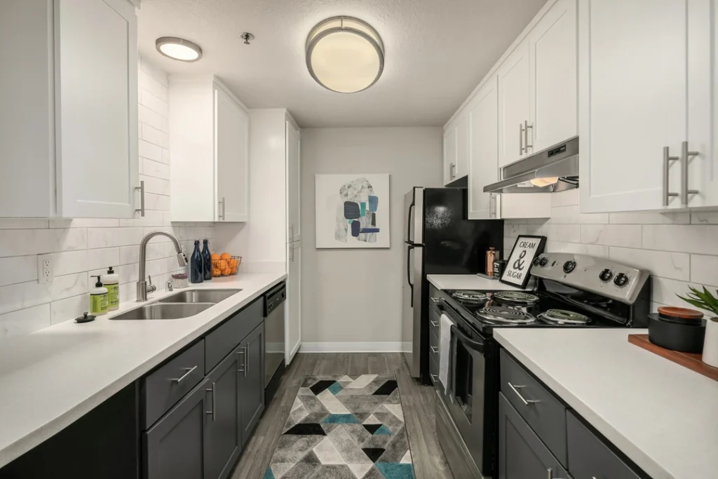 Modern kitchen in two-bedroom apartment at Skyview 3322 in Kent, WA