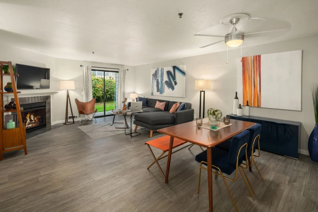 Open-concept dining and living room at Skyview 3322, the best apartments for rent in Kent, WA